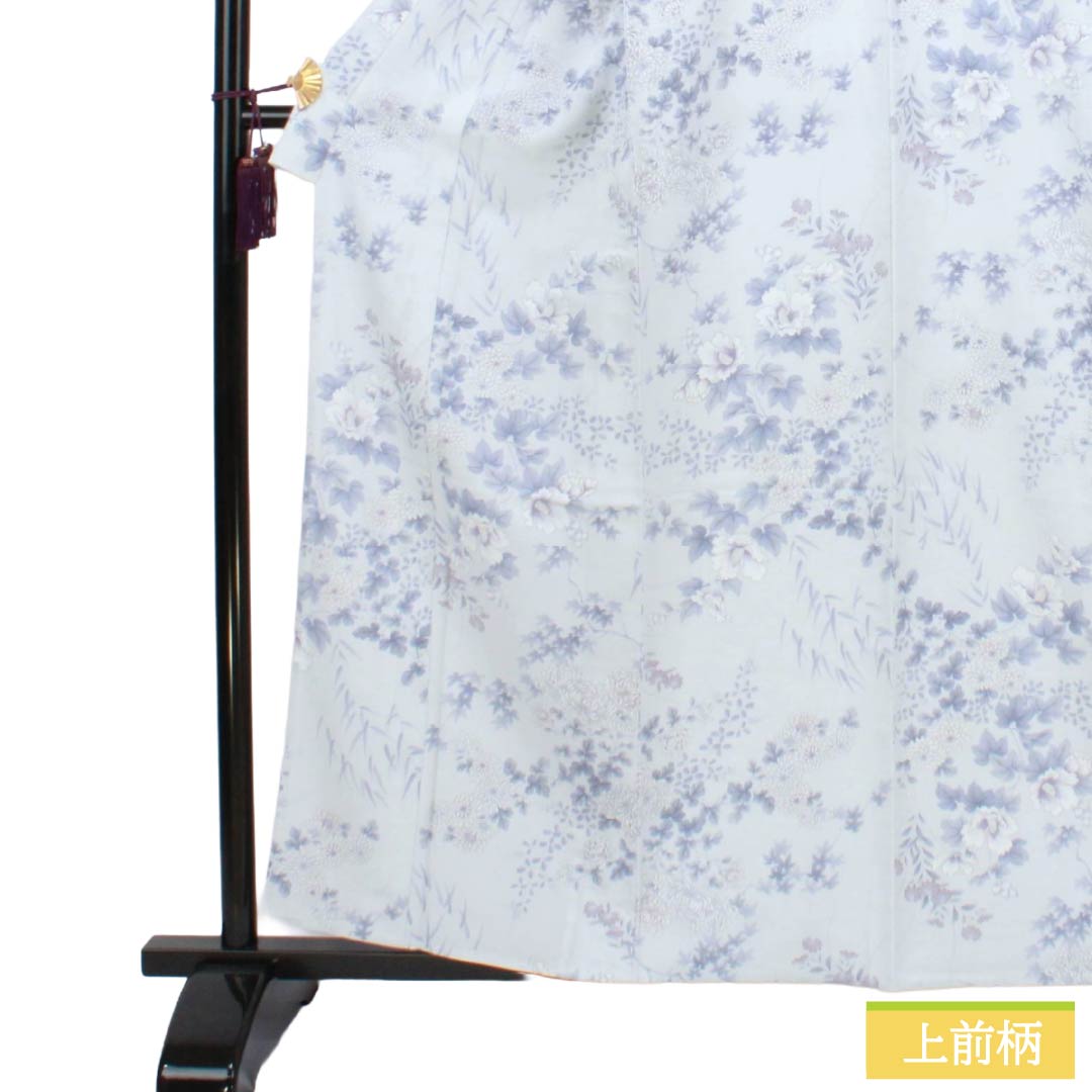 小紋 ポリエステル Sランク 身丈159cm 裄丈63cm 単衣 洗える着物 草花模様 居敷当て付き 水色系 1115008082324