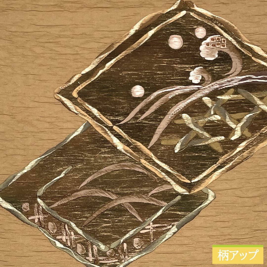 (京袋帯)名古屋帯 ポリエステル Aランク 薄茶色(うすちゃいろ) ふくれ織 菱 抽象模様 帯丈384cm ポイント柄 カジュアル 茶系 1124010683414 開き仕立て