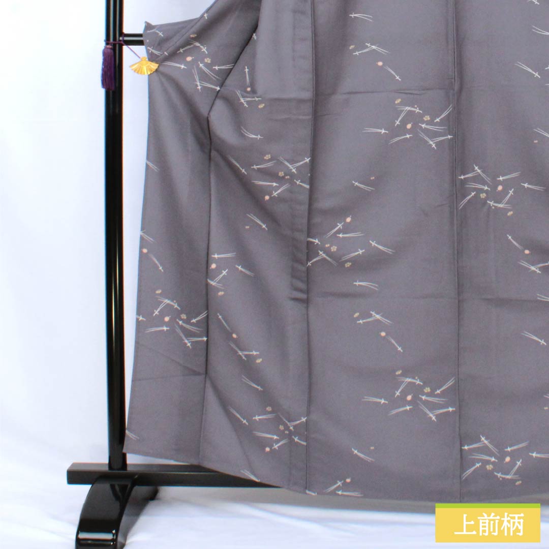 Polyester Komon, S-rank, Length 163cm, Sleeve-to-sleeve 65.5cm, Unlined, Nezumi-shino color (grayish brown), Katazome Pine, Bamboo and Plum, Washable Kimono, Gray tones, 1115007942422