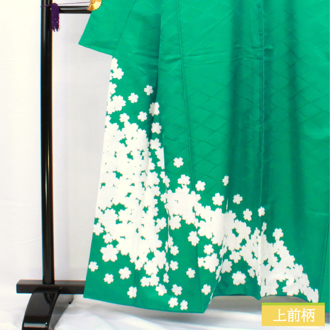 訪問着 ポリエステル 袷 身丈159cm 裄丈62cm 孔雀緑色(くじゃくりょくいろ) 洗える着物 桜 Sランク 緑系 1112005372319