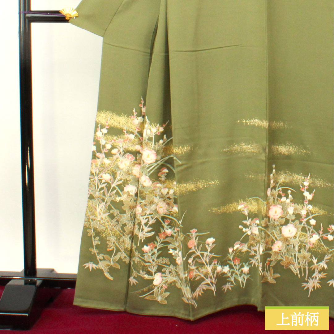 Homongi, pure silk, lined, length 164.5cm, sleeve length 65.5cm, turtle dove color, Kyoto yuzen, floral pattern, S rank, green, 1112004722419