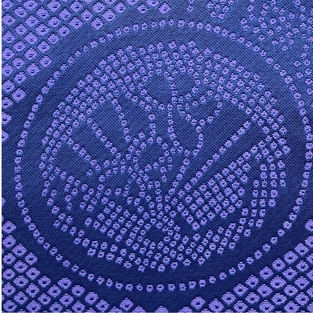 (未仕立)半幅帯 ポリエステル 帯丈342cm 紺青色(こんじょういろ) 竜胆色(りんどういろ) 丸に扇 植物模様 麻の葉 リバーシブル 紫系 Sランク 1125001622320