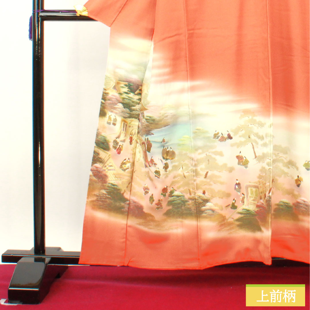 彩色留袖、纯丝、长度 159.5 厘米、袖长 63 厘米、衬里、赤橙色、京友禅、历史人物和风景、一个徽章、刀剑和片刃、S 级、橙色、1111001422326