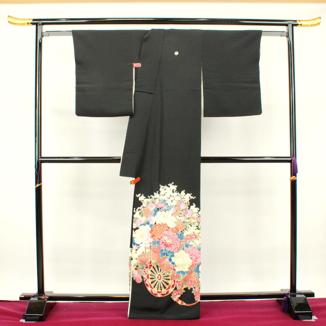 黒留袖 身丈165cm 裄丈62.5cm 袷 京友禅 花車 丸に五三桐 正絹 Sランク 五つ紋 黒系 1111000602510