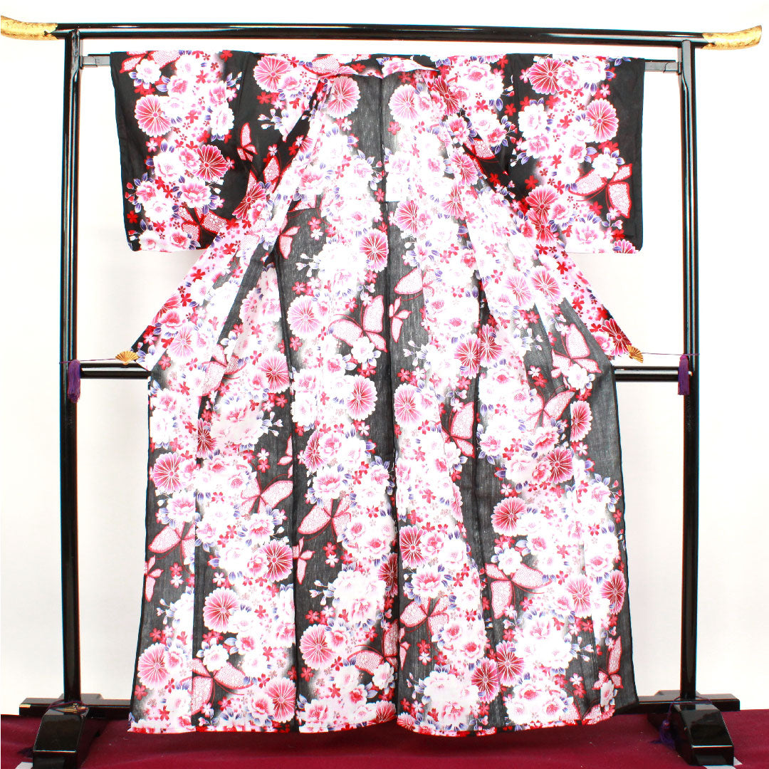 浴衣 菊 桜 蝶 木綿 Sランク 単衣 身丈163cm 裄丈64cm 黒系 1118001522410
