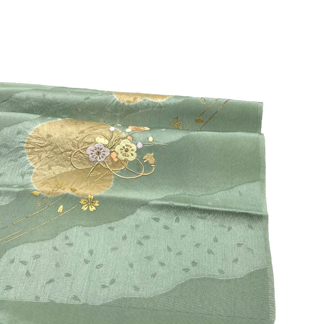 帯揚げ 正絹 Aランク セミフォーマル 青磁色(せいじいろ) 古典柄 桜 絞り 長さ約165cm 幅約29cm 緑系 1136005023919