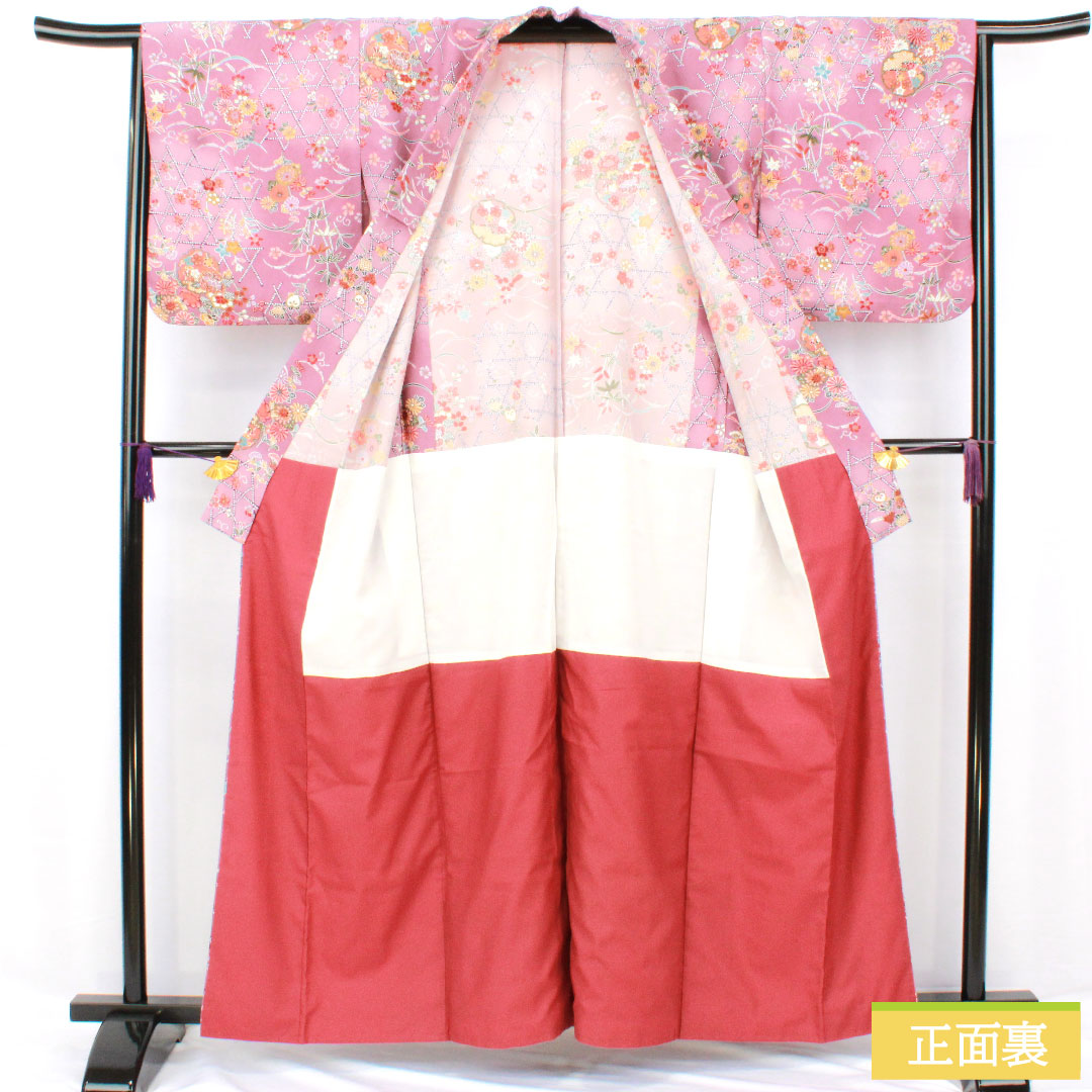 小紋 ポリエステル 身丈169.5cm 裄丈64.5cm 袷 京藤色(きょうふじいろ) 洗える着物 草花模様 Aランク 紫系 1115004623520