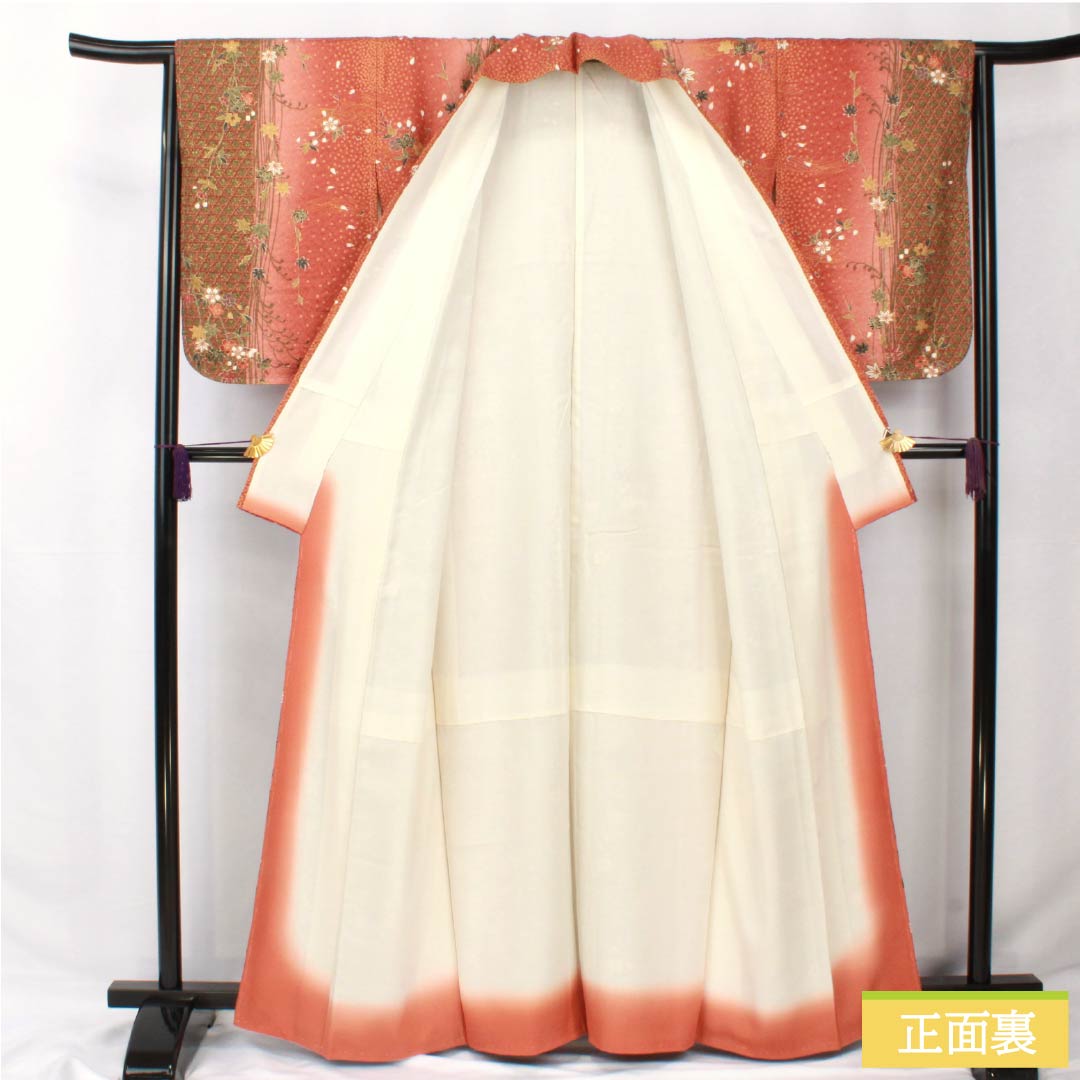 小紋 正絹 身丈163cm 裄丈64cm 袷 赤蘇芳色(あかすおういろ) 籠目 花 しつけ糸付き Sランク 朱系 1115005692416