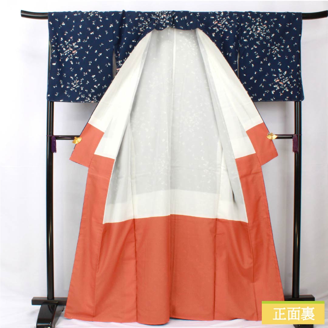 Small pattern, polyester, length 167cm, sleeve length 69cm, lined, navy blue, small flowers, washable kimono, basting thread included, S rank, navy blue, 1115005642518