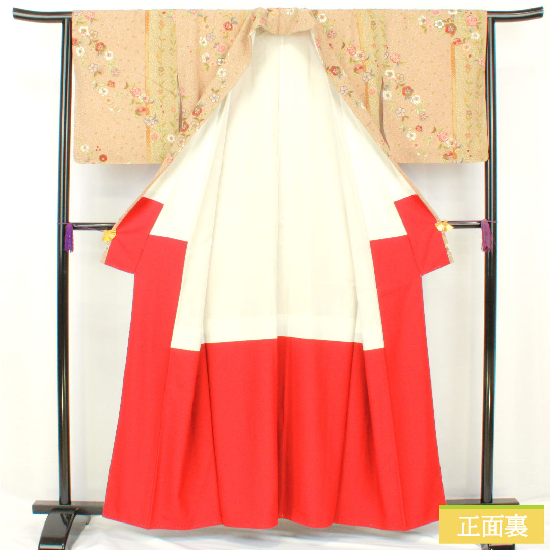 小紋 ポリエステル 身丈159cm 裄丈65cm 袷 香色(こういろ) 洗える着物 辻ヶ花 しつけ糸付き 未使用品 Sランク ベージュ系 1115004532325