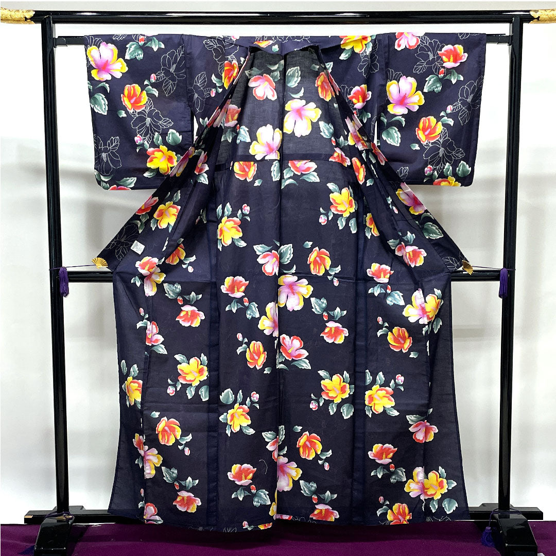 浴衣 紫烏色 花模様 木綿 Sランク 単衣 身丈162.5cm 裄丈64.5cm 紫系 1118002352420