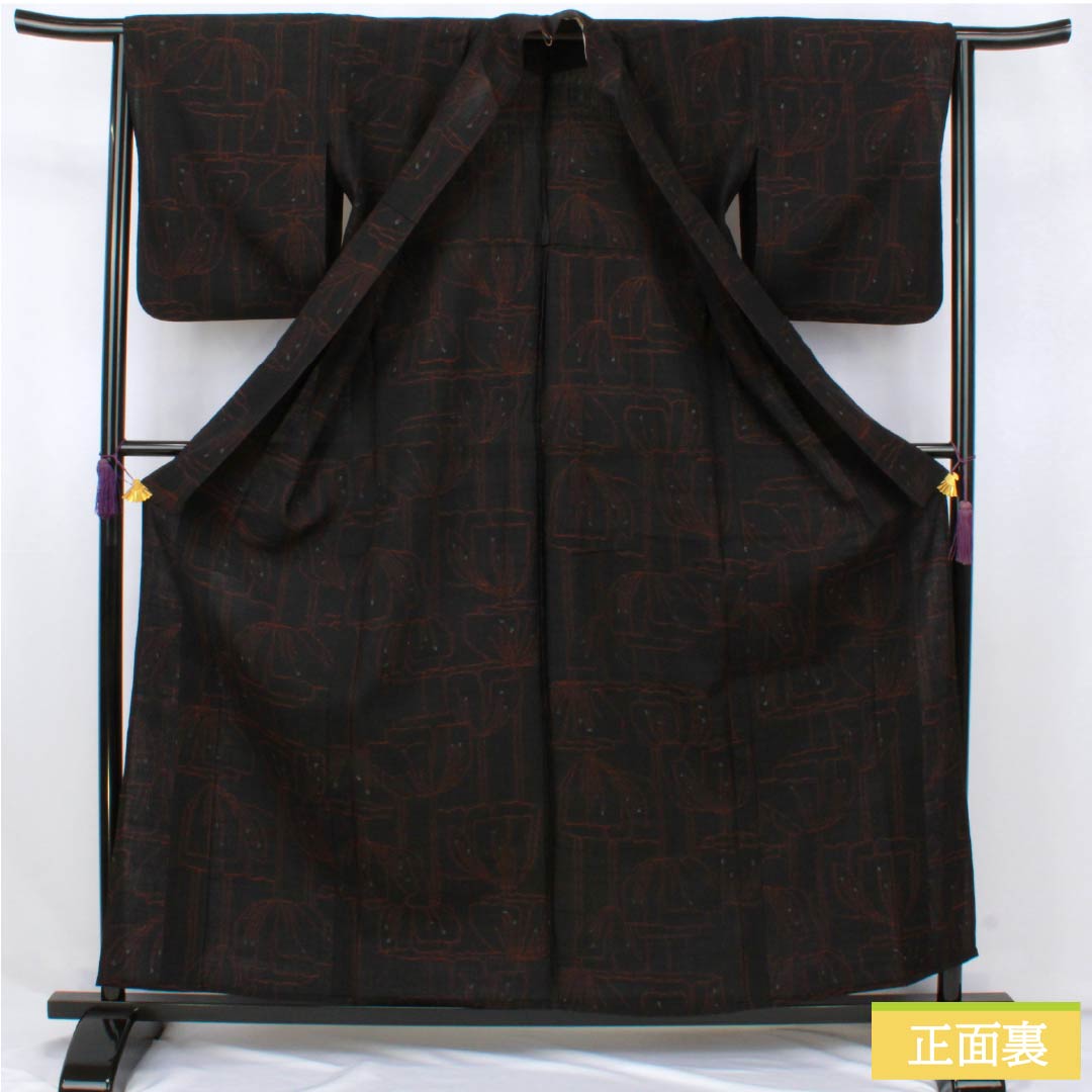 紬 正絹 Aランク 身丈161cm 裄丈63.5cm 縮 花 単衣 黒系 1116004403410