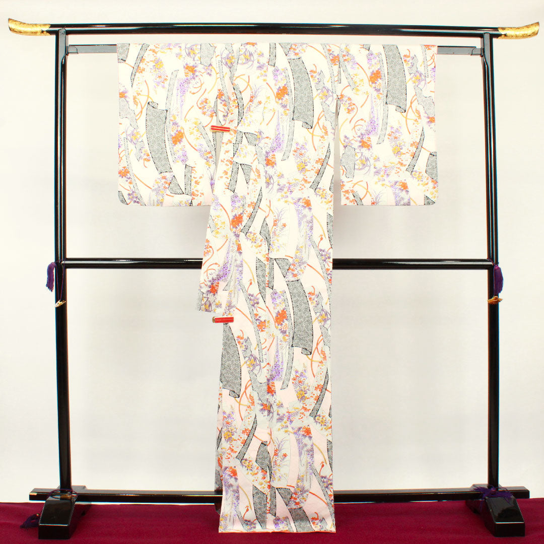 小紋 身丈170cm 裄丈65cm 袷 桜色 洗える着物 草花模様 ポリ Sランク ピンク系 1115002622613