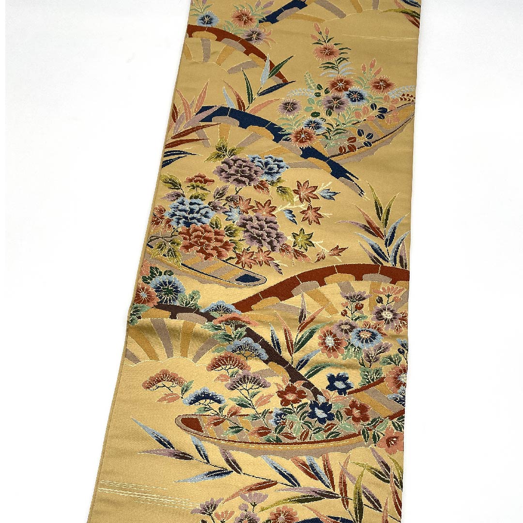 袋帯 山吹鼠色(やまぶきねずいろ) 白綾苑大庭 花柄 帯丈428cm 正絹 Sランク 六通 フォーマル 茶系 1123009472314