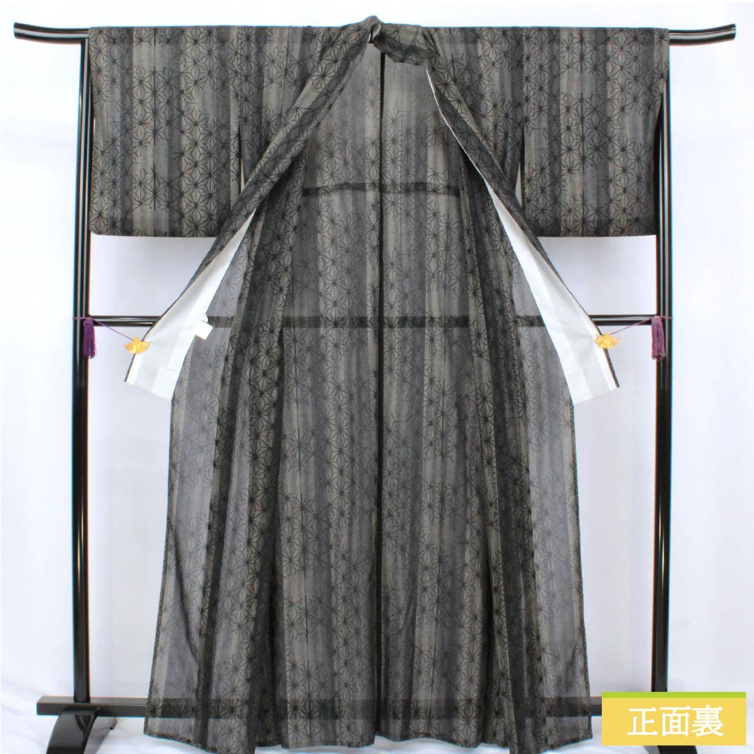 夏物 ポリ80%・絹20% 小紋 Sランク 身丈164cm 裄丈66cm 麻の葉 モノトーン 紗 黒系 1132003252410