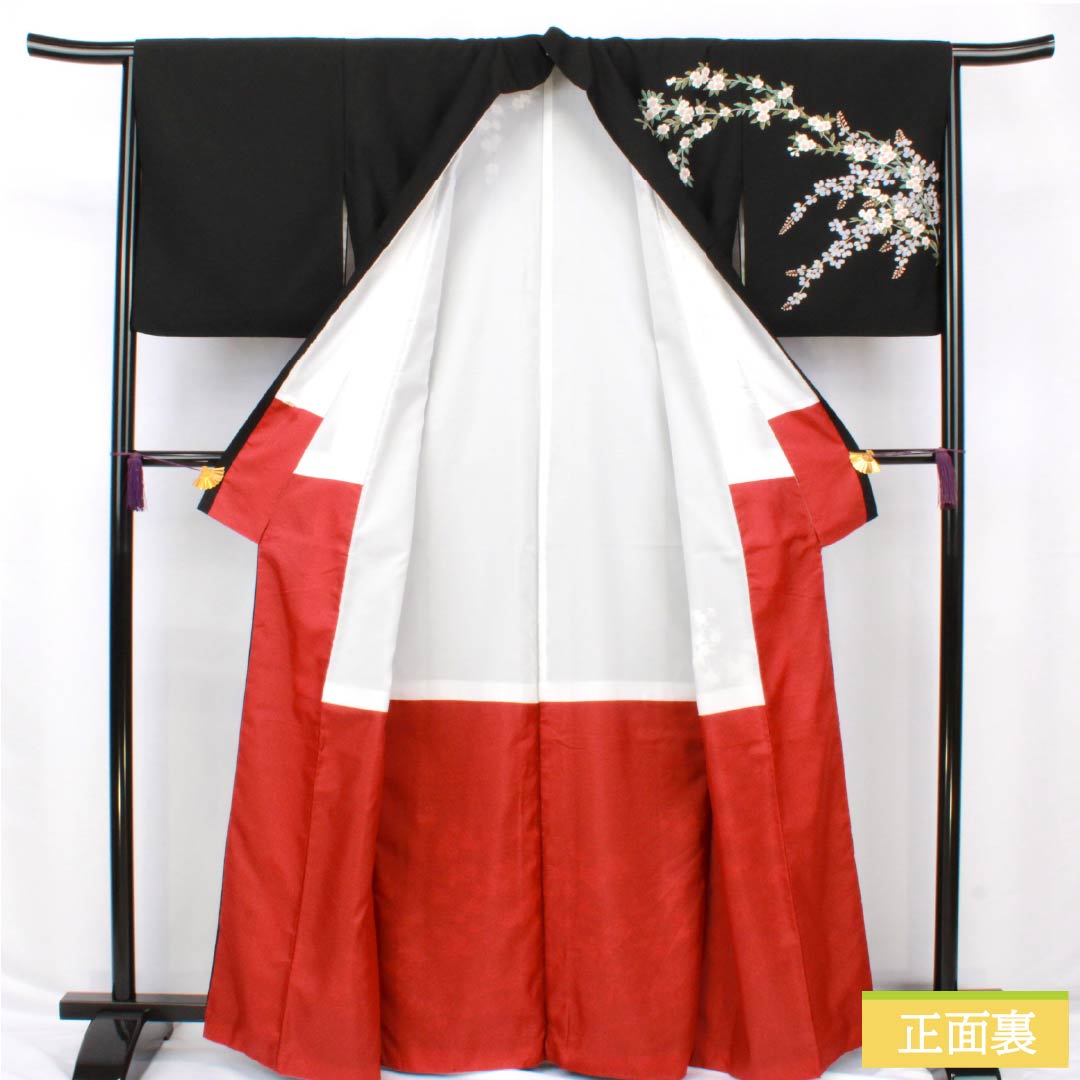 訪問着 ポリエステル Aランク 袷 身丈165.5cm 裄丈66cm 草木 洗える着物 黒系 1112006483510