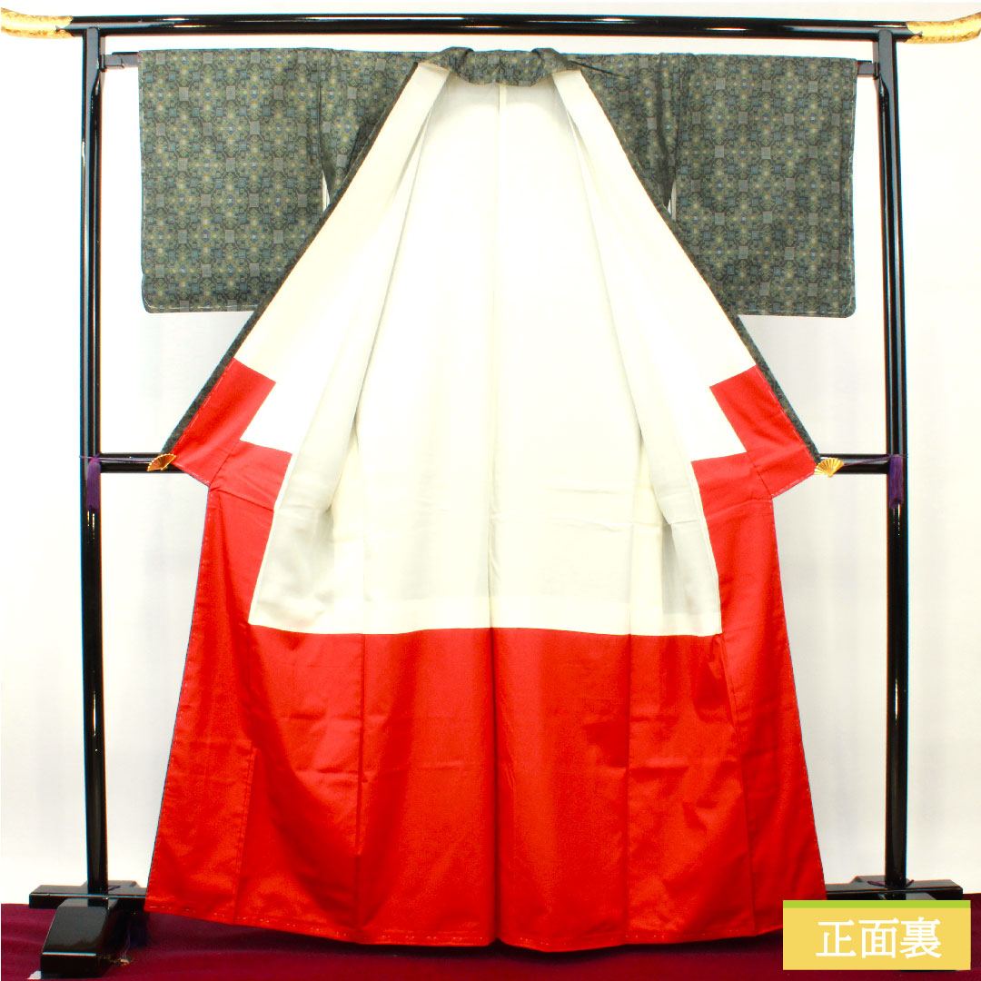 村山大島 正絹 身丈164.5cm 裄丈67cm 幾何学模様 しつけ糸付き 未使用品 Sランク 袷 緑系 1116003202419