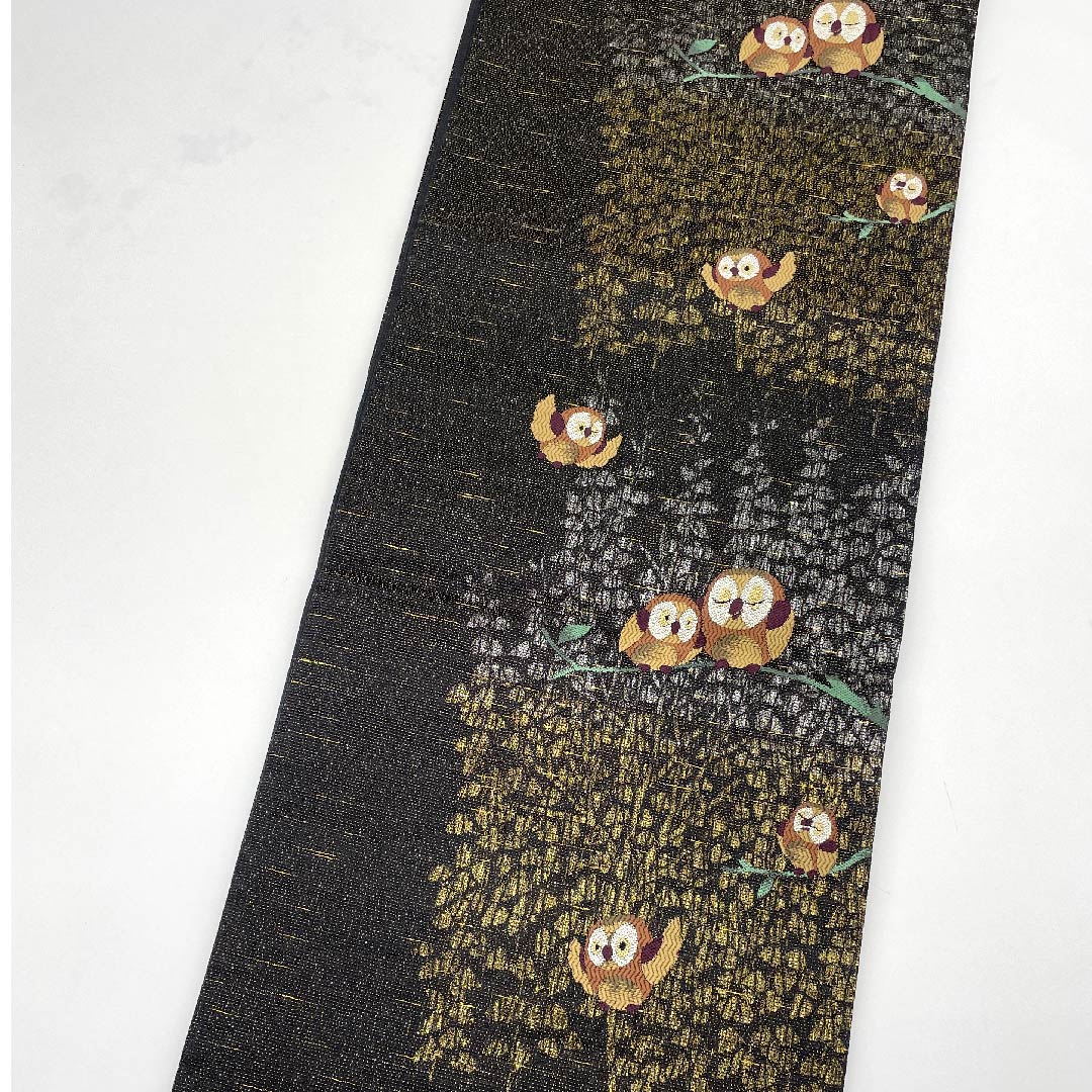 袋帯 黒色 ふくろう 帯丈434cm 正絹 Aランク 六通 カジュアル 黒系 1123008853310