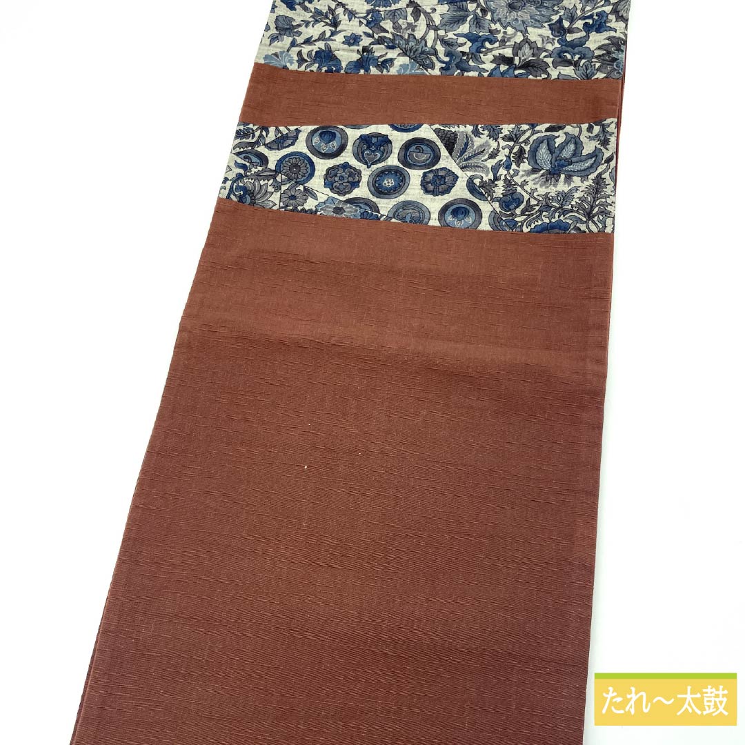 名古屋帯 焦色(こがれいろ) 紬地 京袋帯 切嵌め 帯丈342cm 正絹 Aランク ポイント柄 カジュアル 茶系 1124006633314 開き仕立て