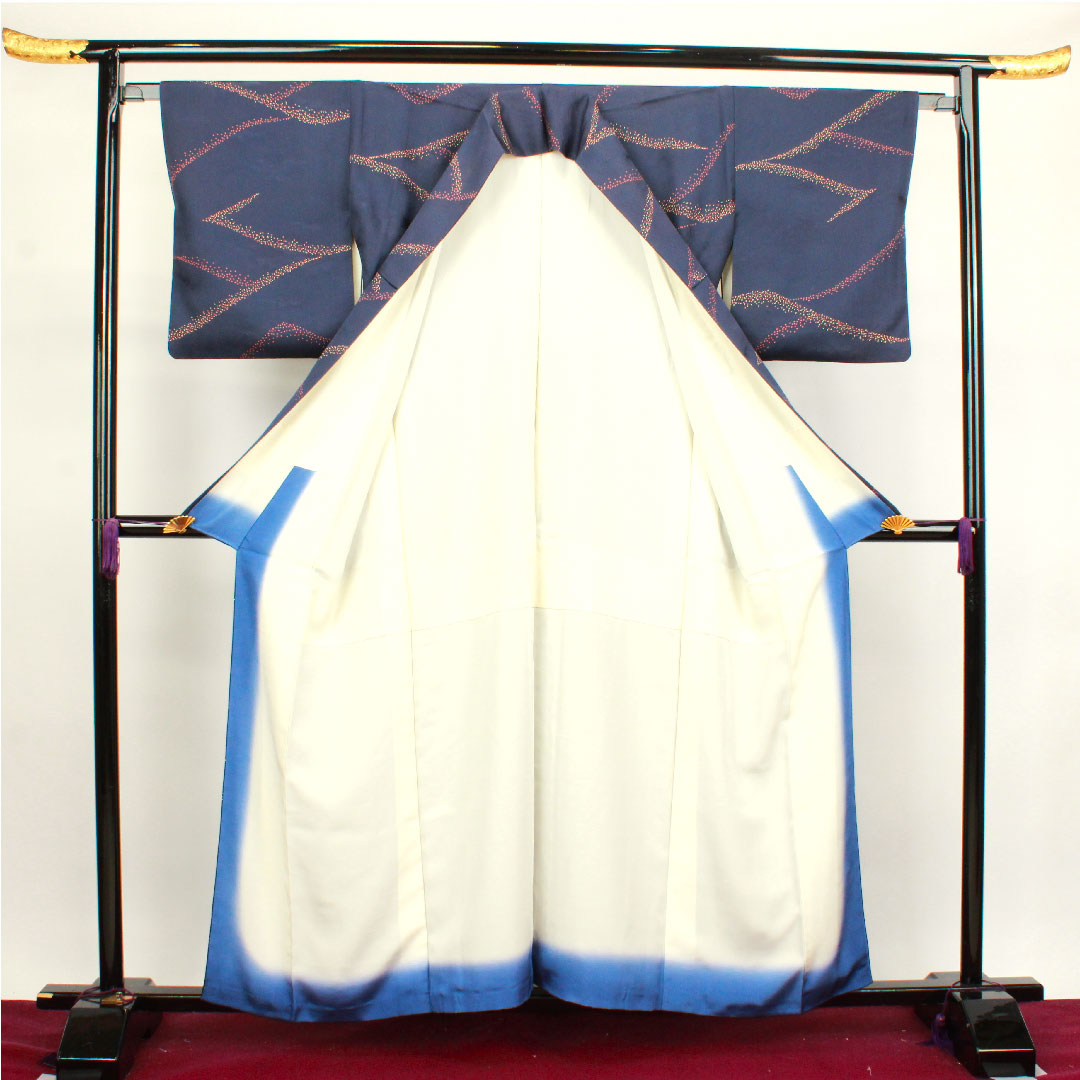 小紋 身丈158cm 裄丈63.5cm 袷 青褐色 抽象模様 正絹 Aランク 紺系 1115003493318