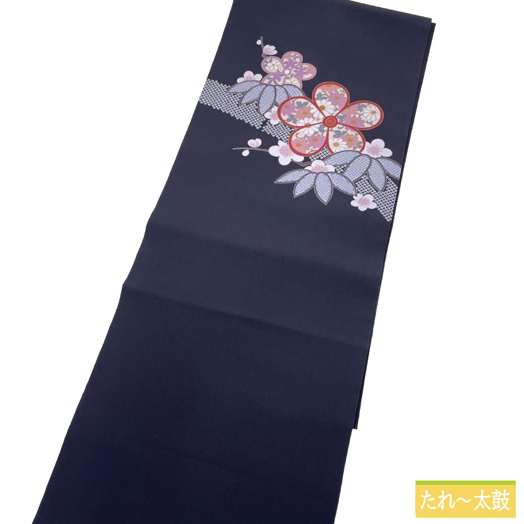 名古屋帯 正絹 Aランク 名古屋仕立て 檳榔子黒色(びんろうじぐろいろ) 染め帯 松竹梅 帯丈372cm ポイント柄 セミフォーマル 紺系 1124014343318