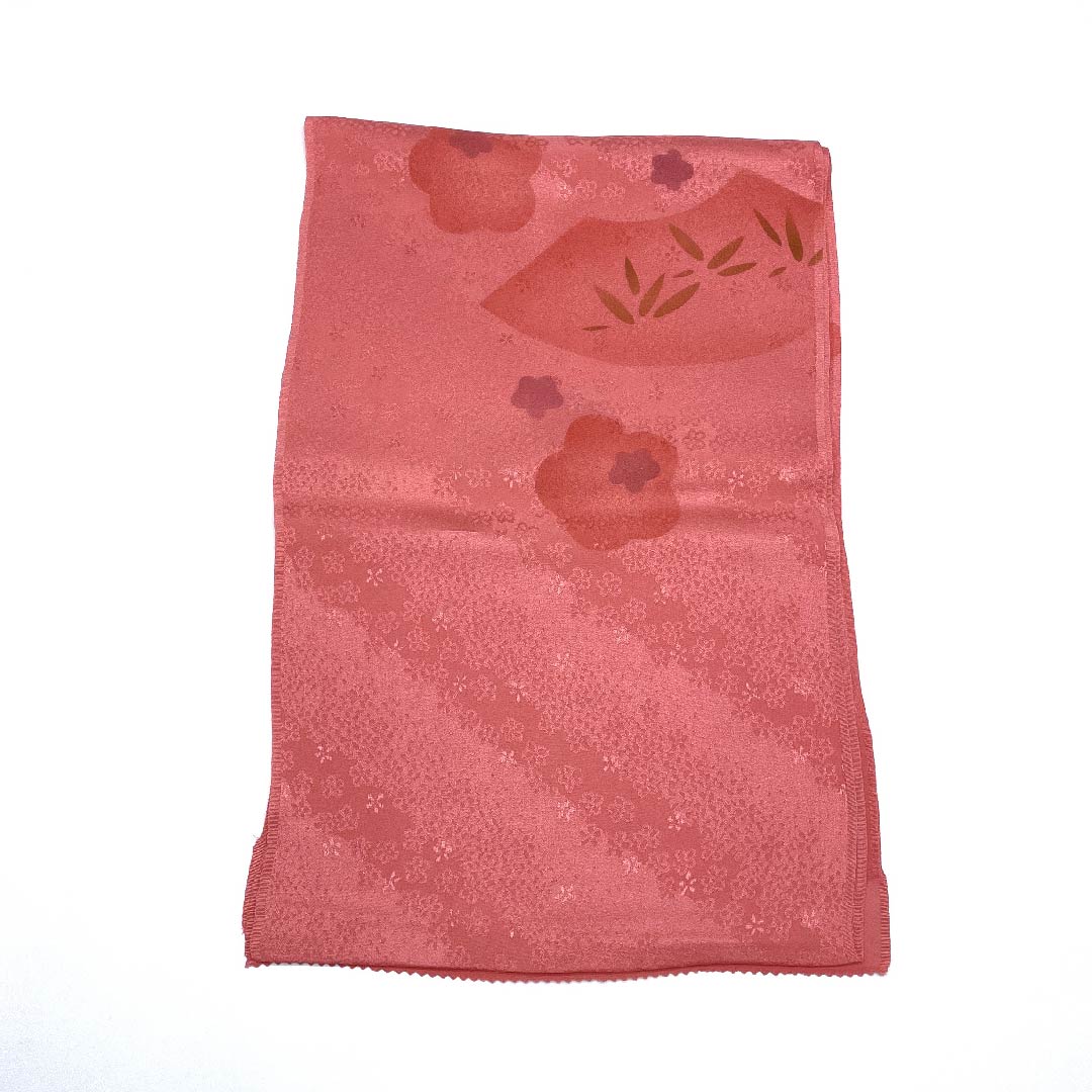 (New old stock) Formal obiage, pure silk, pinkish red, plum, bamboo, fan-shaped, length 179cm, width 30cm, S rank, pink, 1136000222913