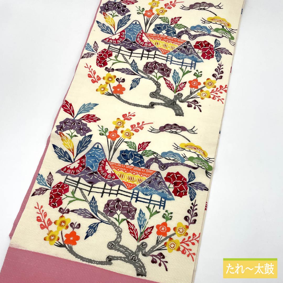 名古屋帯 中紅花色(なかのくれないいろ) 京紅型 紬地 紅型調模様 帯丈359cm 正絹 Aランク 六通 カジュアル クリーム系 1124007333315 名古屋仕立て