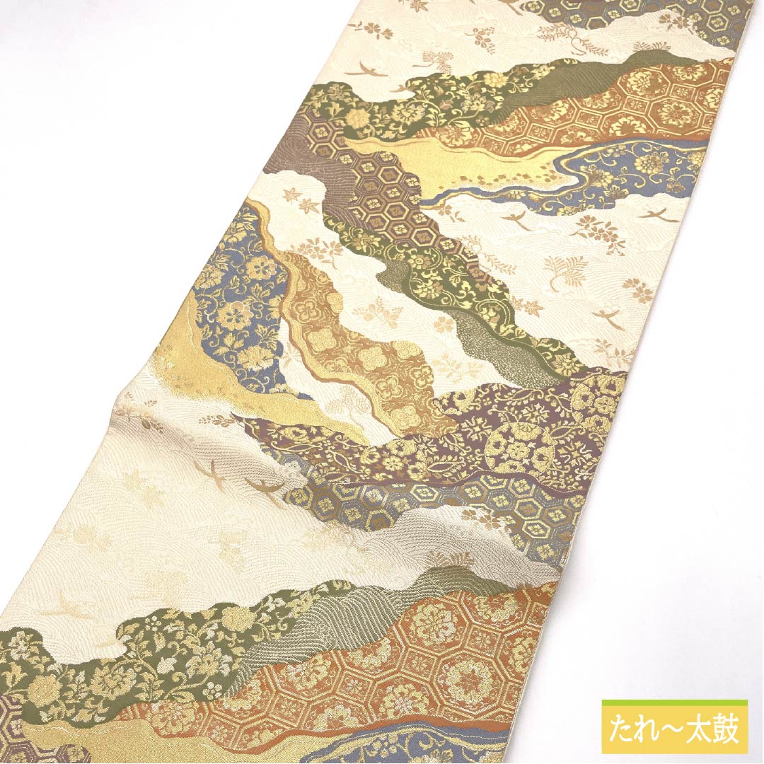 袋帯 正絹 華文 留袖用 唐花 亀甲菱 帯丈438cm Aランク 六通 フォーマル クリーム系 1123014693315