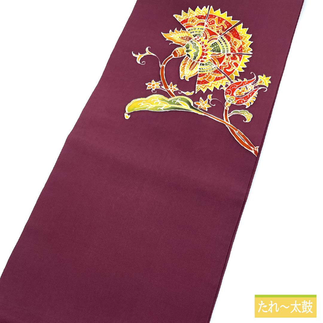名古屋帯 赤紫色(あかむらさきいろ) 染め帯 抽象花 帯丈348cm 正絹 Sランク ポイント柄 カジュアル 紫系 1124007622320 名古屋仕立て