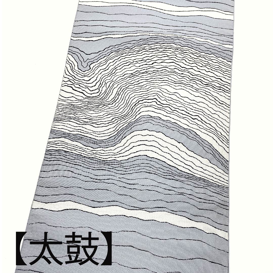 (未仕立)名古屋帯 水銀色 北出与三郎 渓流柄 帯丈360cm 正絹 NEWランク ポイント柄 セミフォーマル グレー系 1124004711322