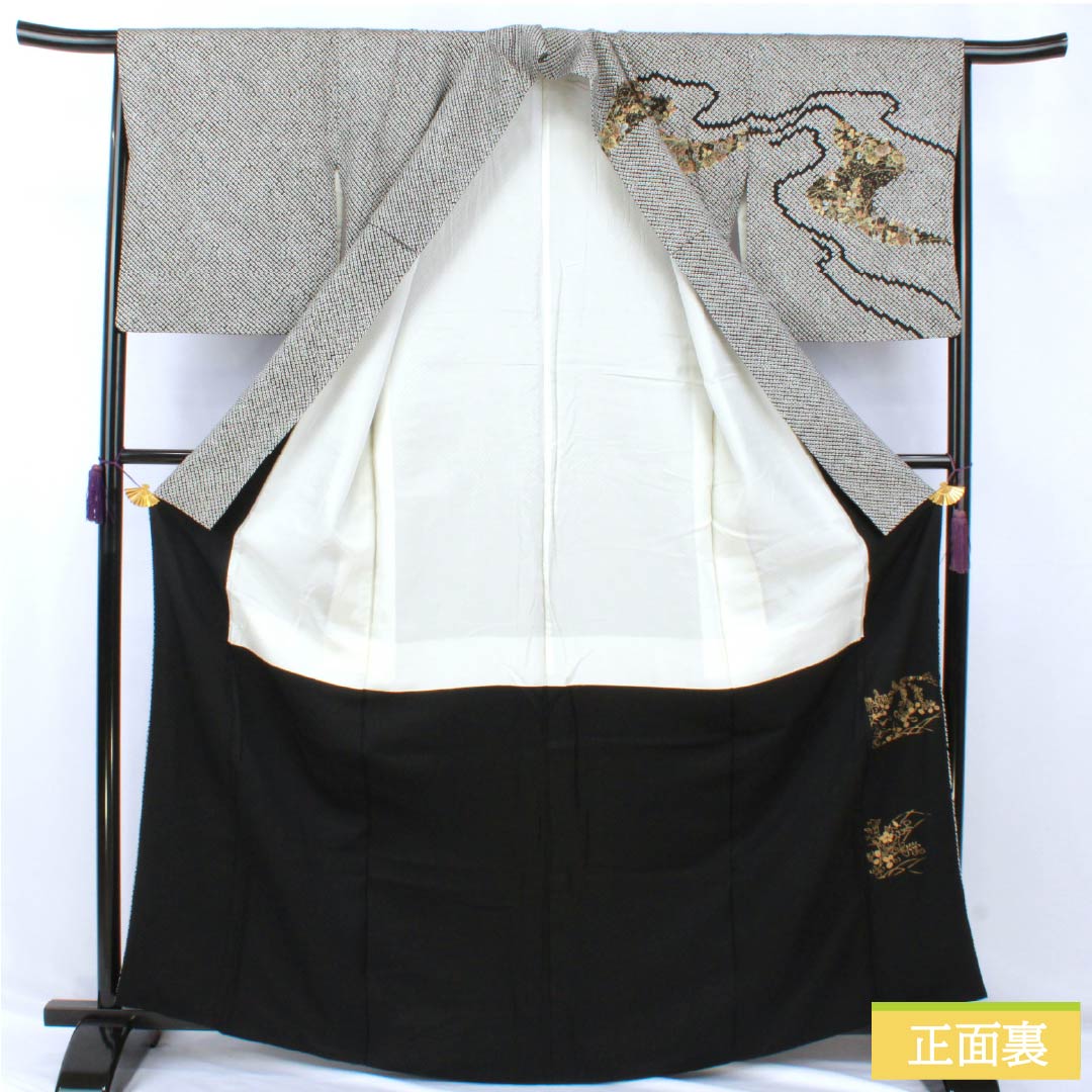 訪問着 正絹 Bランク 袷 身丈166cm 裄丈66cm 総絞り 草花 部分刺繍 黒系 1112007004510
