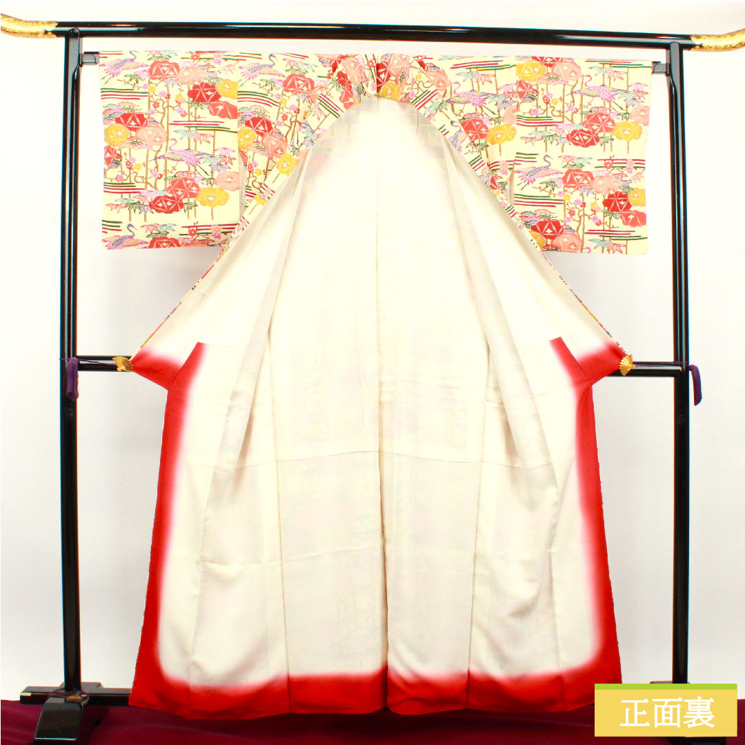 Komon, pure silk, length 160cm, sleeve length 67cm, lined, lacquered, Kyoto Bingata, pine, bamboo, plum and crane, S rank, cream color, 1115003552415