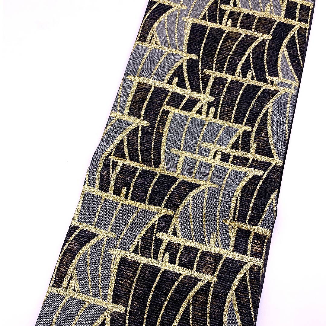 袋帯 緋l紺色(ひこんいろ) 太箔 幾何学模様 帯丈433cm 正絹 Sランク 六通 セミフォーマル 黒系 1123008632310