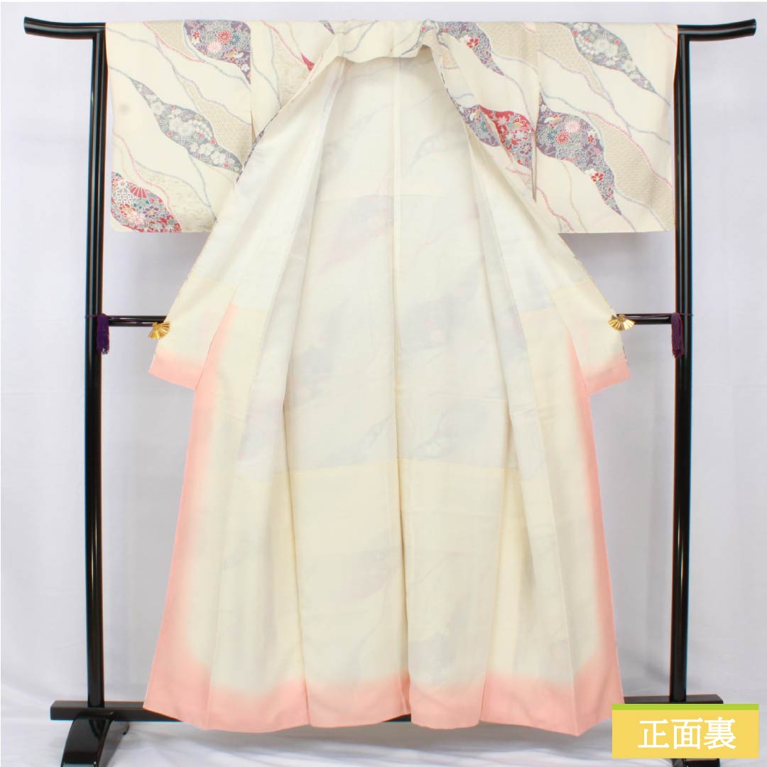 小紋 正絹 身丈158cm 裄丈63.5cm 袷 乳白色(にゅうはくしょく) 割付け 古典柄 Aランク 白系 1115005233311