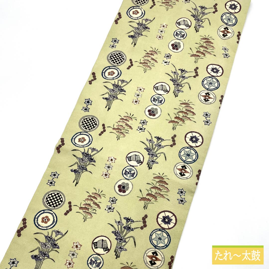 Nagoya obi, sulfur color, Kyoto Bingata, round crest, pine, obi length 341cm, pure silk, A rank, six-pass, casual, green, 1124007593319, Nagoya style