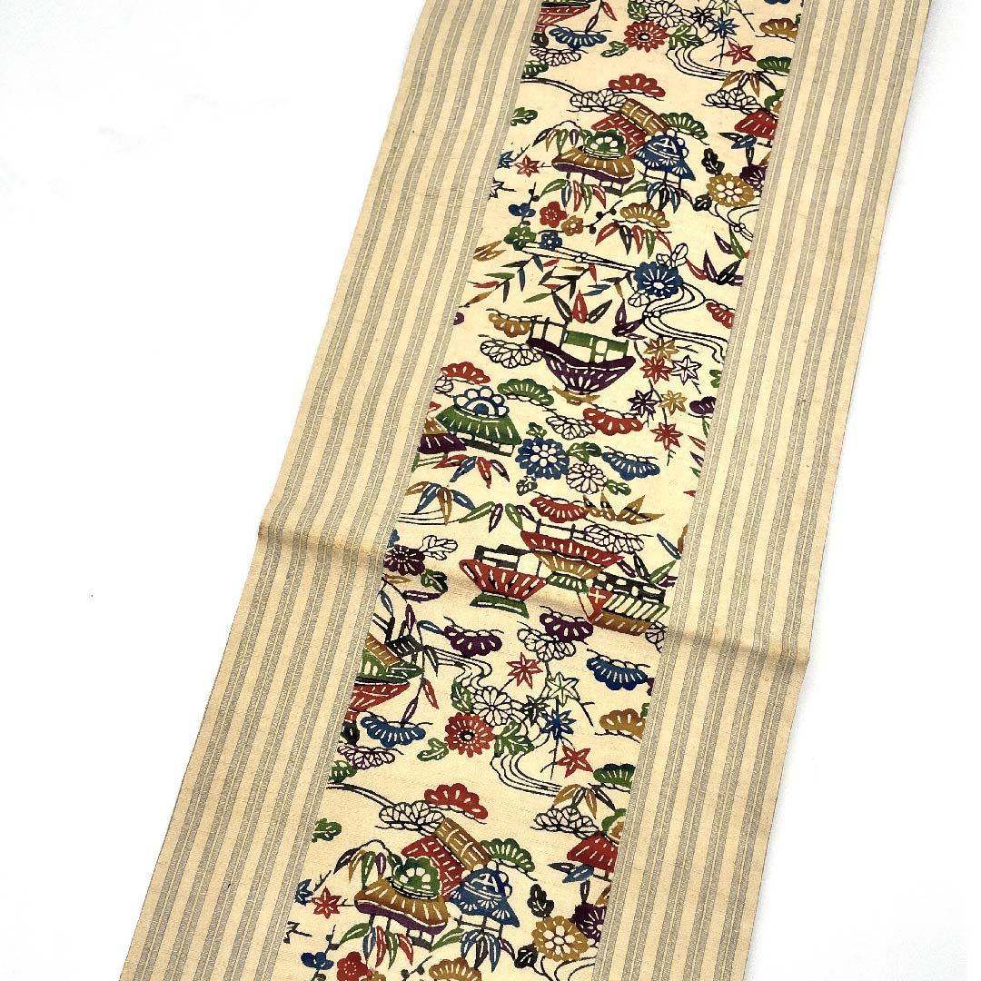 名古屋帯 東京白茶色 茶屋辻 帯丈368cm 正絹 六通 カジュアル ベージュ系 1124004044325 名古屋仕立て