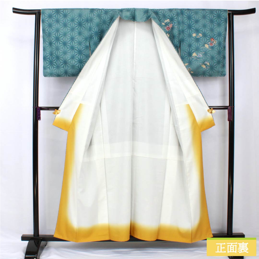 Homongi (formal kimono) made of polyester, lined, length 157cm, sleeve length 62cm, indigo brown, washable, hemp pattern, small pattern scattered, with basting thread, S rank, blue, 1112006052317