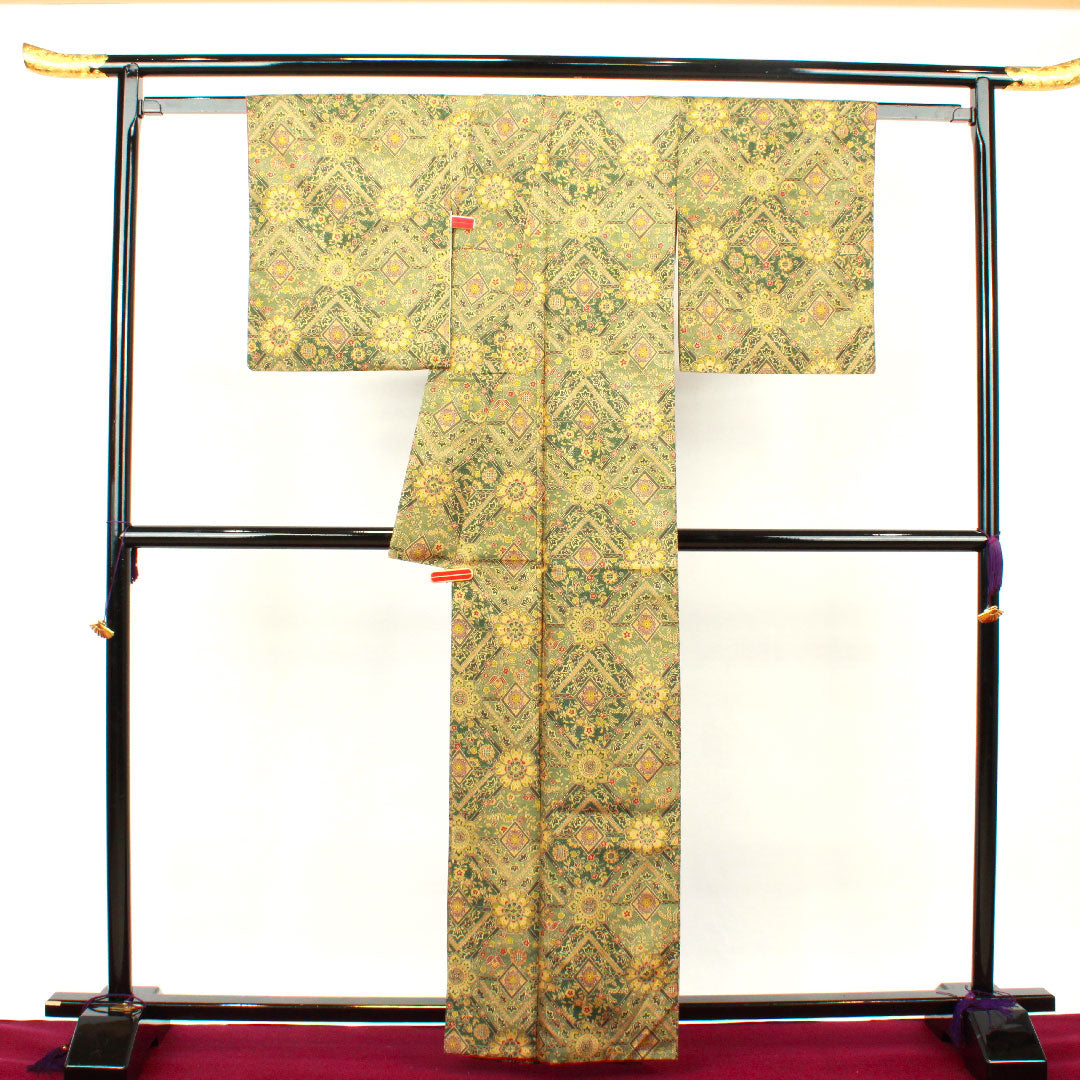 小紋 身丈162cm 裄丈65.5cm 袷 黒木賊色 更紗模様 正絹 Aランク 緑系 1115002703419