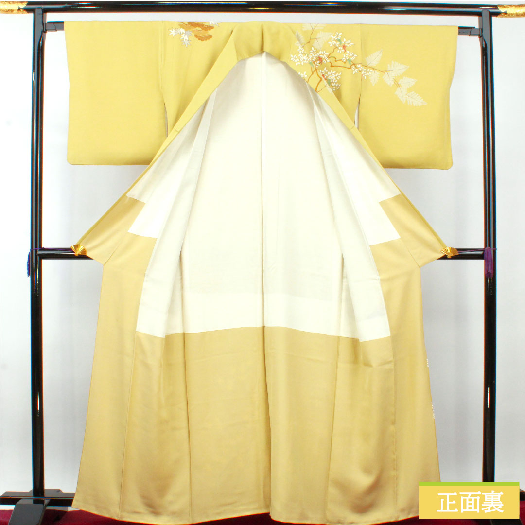 Homongi, pure silk, lined, length 164cm, sleeve length 64cm, faint yellow, Kyoto Yuzen, autumn grass pattern, one crest, five-fold fan, A rank, yellow, 1112004323423
