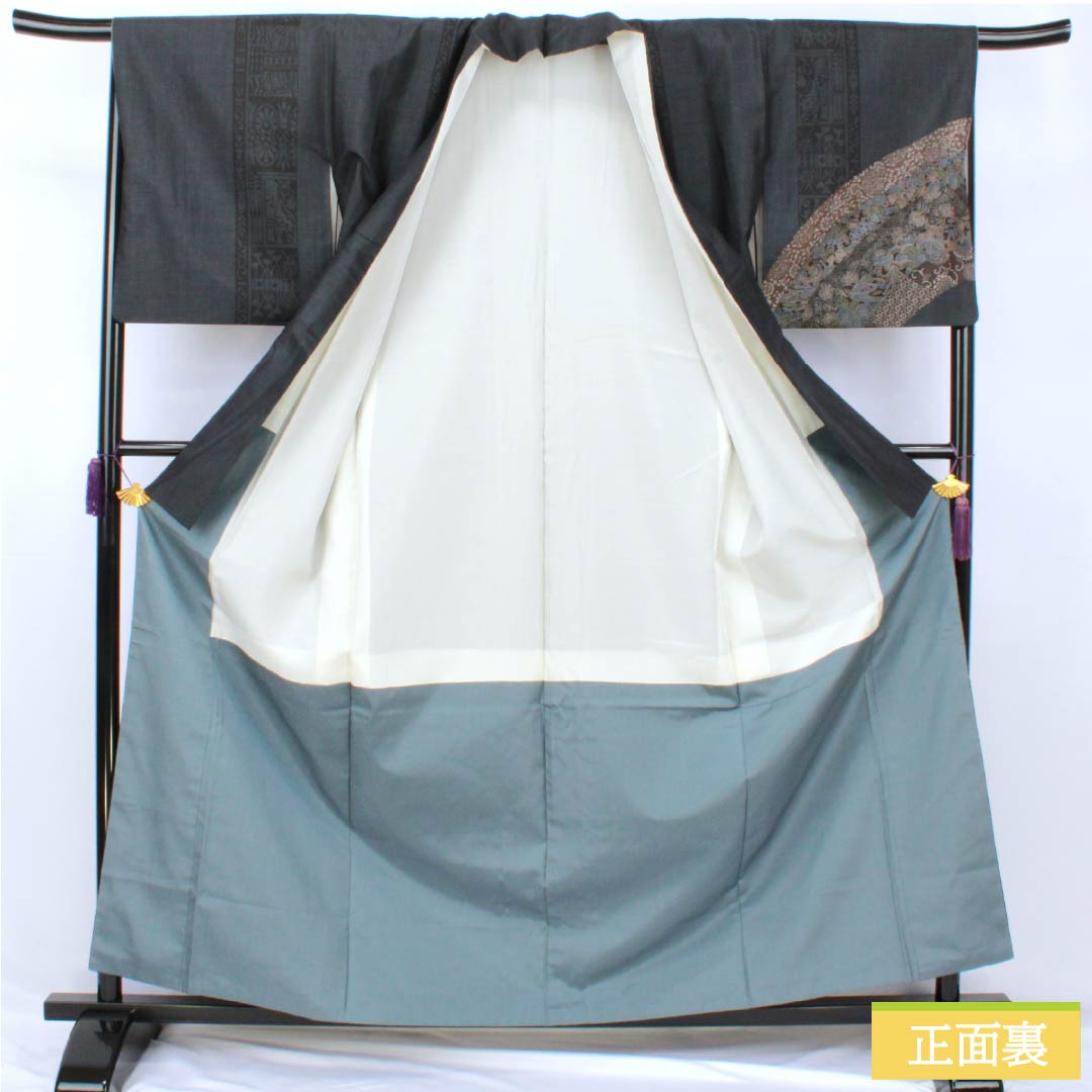 訪問着 正絹 Sランク 袷 身丈161.5cm 裄丈65.5cm 紺色(こんいろ) 大島紬 草花 紺系 1112007302418