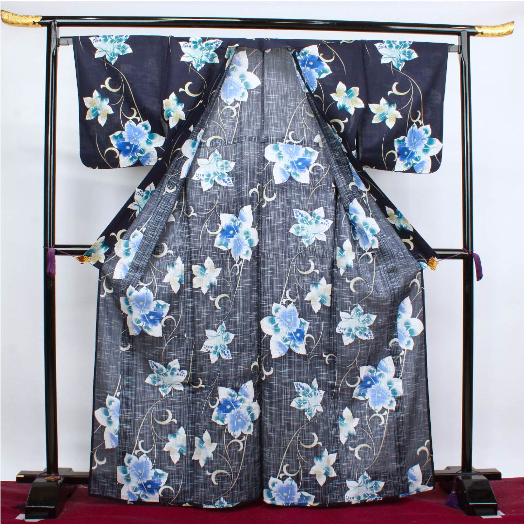 Yukata, dark blue, bush clover, maple leaves, chrysanthemum, arabesque cotton, S rank, single layer, length 167cm, sleeve length 67cm, navy blue, 1118004432518
