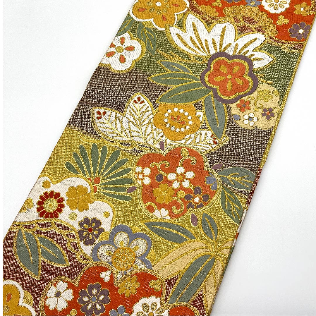 袋帯 振袖用 梅 松 花唐草 帯丈436cm 正絹 Aランク 六通 フォーマル グラデーション系 1123006183399