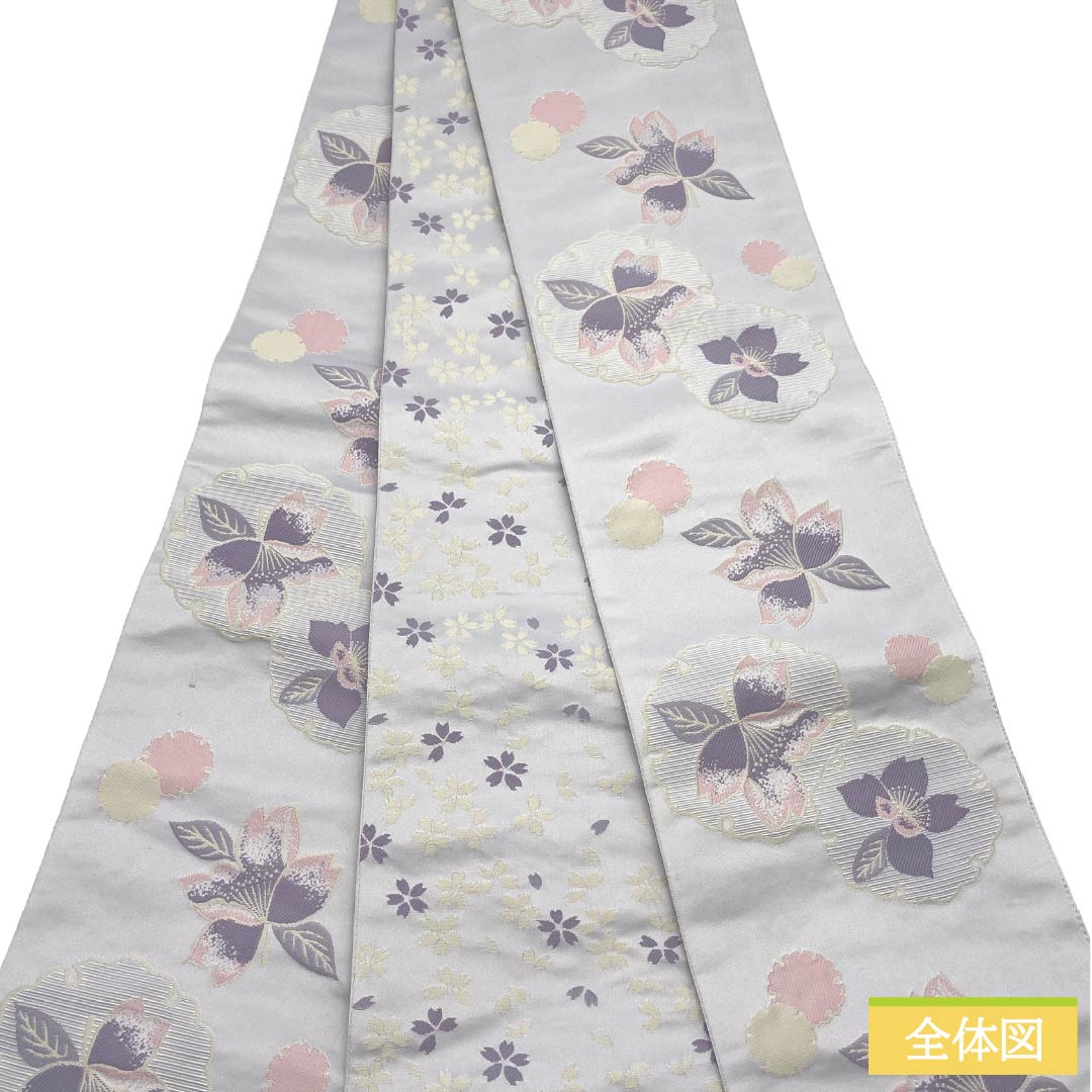 半幅帯 ポリエステル Aランク 銀灰色(ぎんはいしょく) リバーシブル 雪輪 桜 帯丈400cm グレー系 1125004763422