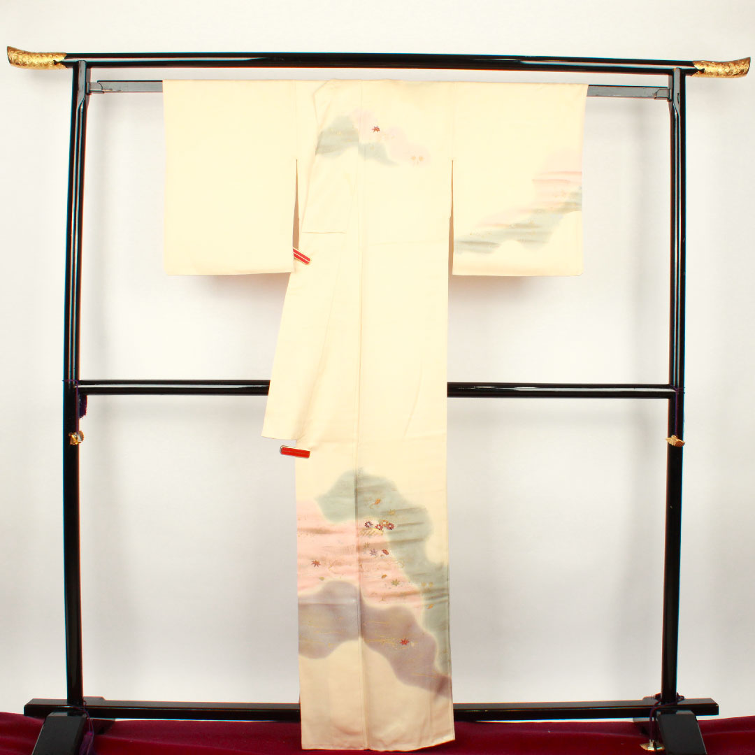 訪問着 袷 身丈162cm 裄丈64cm 肌色 京友禅 刺繡 草花模様 正絹 Bランク クリーム系 1112001614415