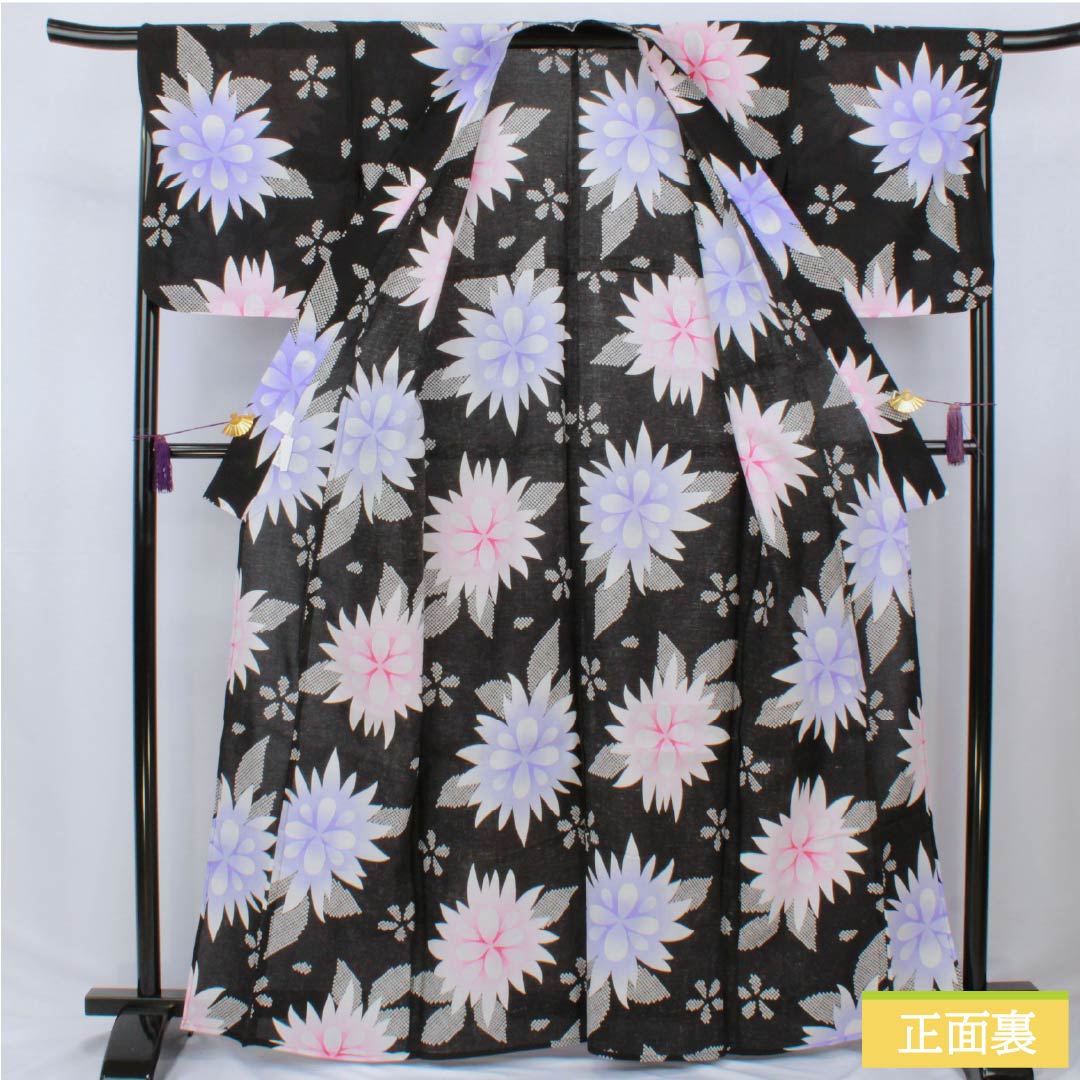 Cotton Yukata, Length 164cm, Sleeve Length 68.5cm, S Rank, Single Layer, Black with Floral Pattern, 1118006562410