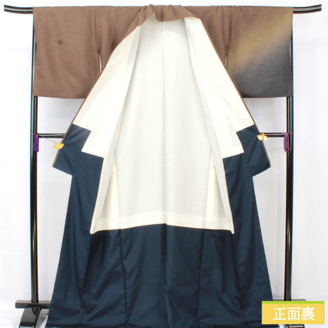 Homongi (formal kimono) made of pure silk, lined, length 169.5cm, sleeve length 66cm, smoked color (fusubeiro), pongee fabric, blurred pattern, A rank, brown, 1112005343514