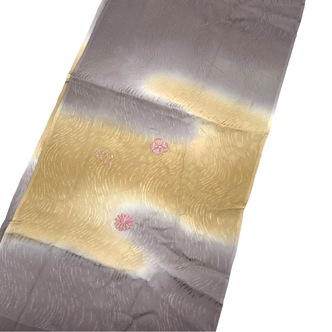Semi-formal obiage (sash sash), pure silk, S-rank, Miyankonezuiro (Miyako-nezuiro) with floral embroidery and bush clover motifs, approximately 180cm long and 30.5cm wide, brown, product number 1136000932914