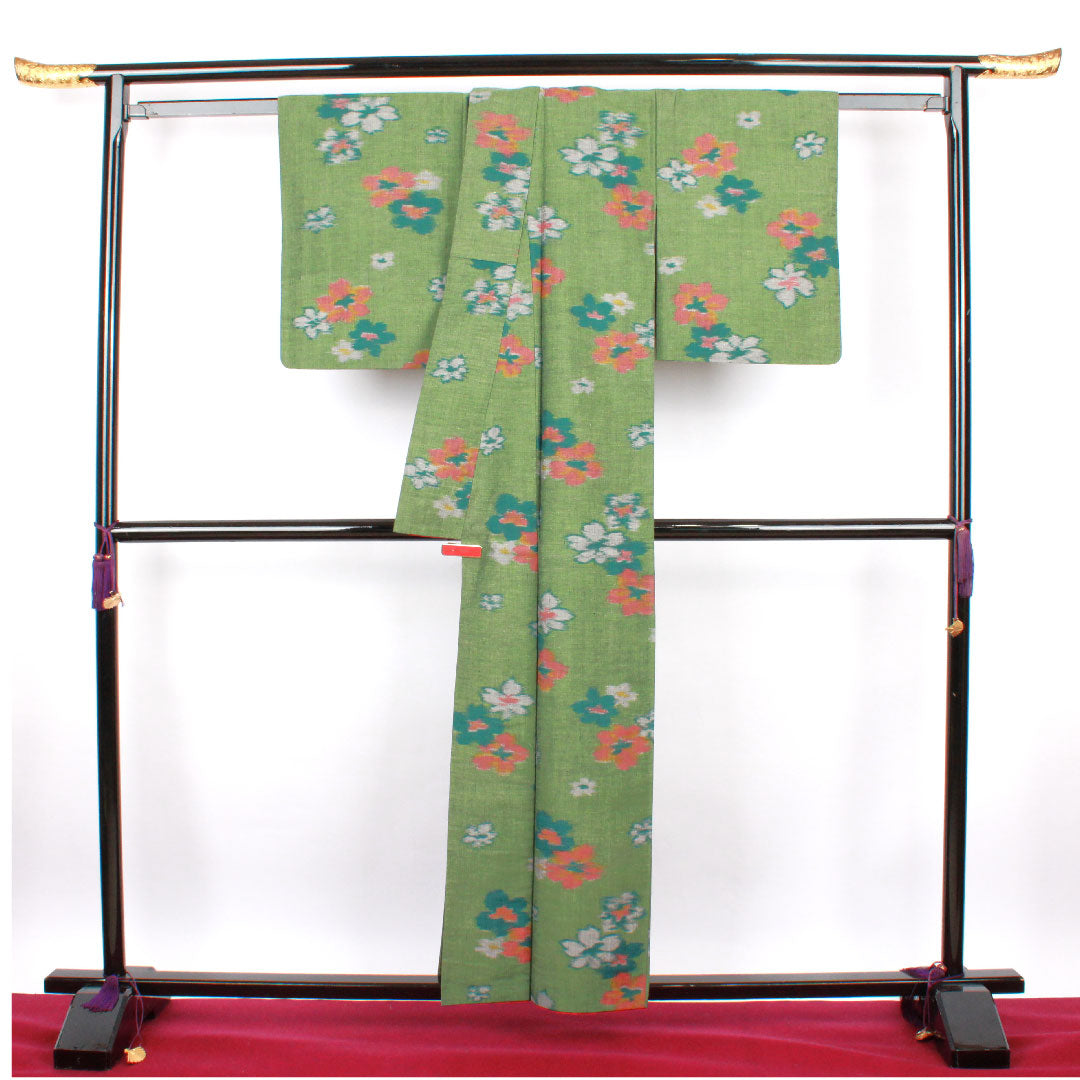 紬 身丈159cm 裄丈59cm 松葉色 花模様 正絹 Bランク 袷 緑系 1116001724319