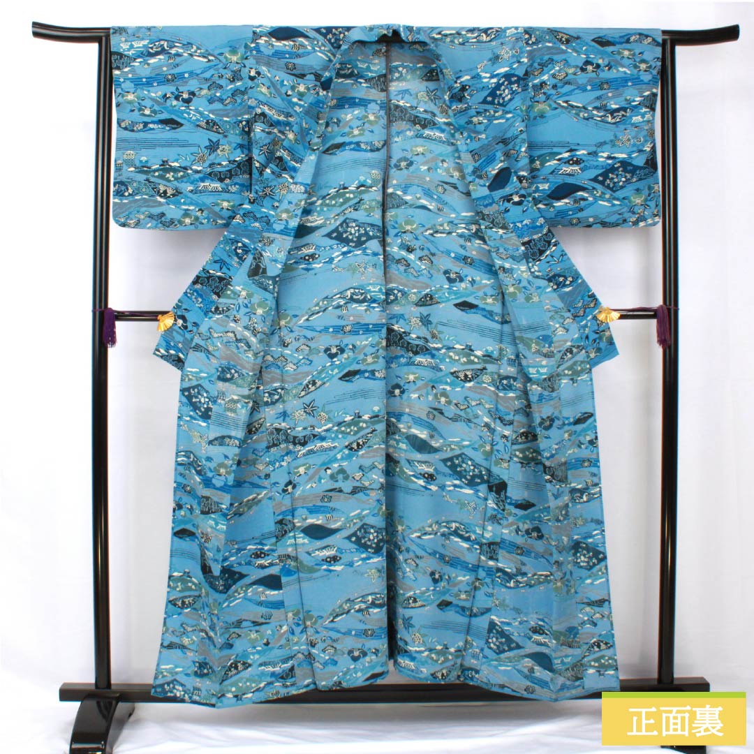小紋 正絹 身丈154cm 裄丈64.5cm 単衣 空色(そらいろ) 型染 藍型調 吉祥文様 Bランク 青系 1115005614217
