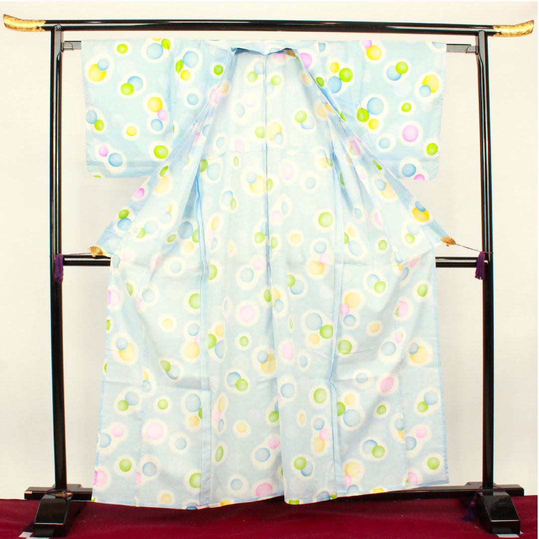 浴衣 白群色 水玉 木綿 Sランク 単衣 身丈161.5cm 裄丈64.5cm 水色系 1118001252424